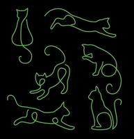 conjunto do simples néon verde linha gatos em Preto fundo vetor