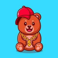 fofa Swag Urso com chapéu e ouro cadeia colar desenho animado vetor ícone ilustração. animal moda ícone conceito isolado Prêmio vetor. plano desenho animado estilo