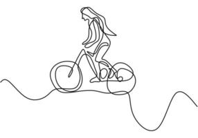 um desenho de linha contínuo de uma jovem desportiva a andar de bicicleta vetor