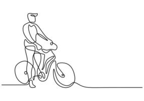 um desenho de linha única contínua de um jovem andando de bicicleta para fazer exercícios vetor