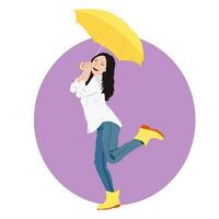 feliz menina com amarelo guarda-chuva e botas, estação mudança conceito. vetor