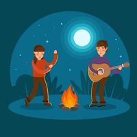 Casal jovem tocando guitarra e dançando na fogueira vetor