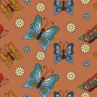 nostálgico desenho animado desatado padronizar com borboletas e flores único vetor isolado botânico Projeto. ideal para tecido, papel de parede, invólucro papel, fundo, interior decoração, crianças têxtil