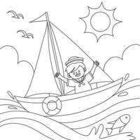 pequeno Garoto em barco a vela coloração página vetor ilustração