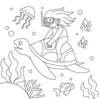 pequeno menina mergulho dentro a oceano coloração página vetor ilustração