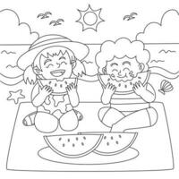 crianças comendo melancias coloração página vetor ilustração