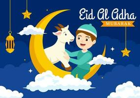 feliz eid al adha Mubarak vetor ilustração do crianças muçulmanos celebração com sacrificial animais bode e vaca dentro desenho animado mão desenhado modelos