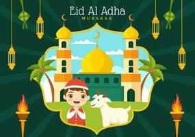 feliz eid al adha Mubarak vetor ilustração do crianças muçulmanos celebração com sacrificial animais bode e vaca dentro desenho animado mão desenhado modelos