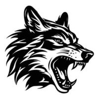 Bravo Lobo face lado, Lobo mascote logotipo, Lobos Preto e branco animal símbolo Projeto. vetor