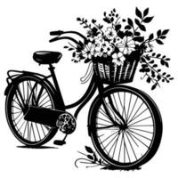 romântico bicicleta com Primavera flores retro bicicleta carregando cesta, com flores e plantas. vetor