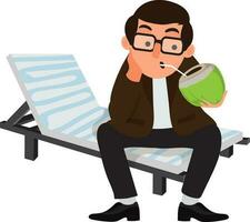 homem de negocios sentado em de praia cadeira e bebendo coco água. vetor
