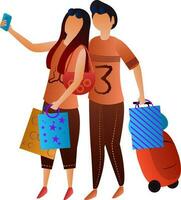 casal personagem segurando compras bolsas e levando selfie. vetor