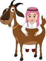 desenho animado personagem do Garoto vestindo seus tradicional roupas e segurando bode em branco fundo conceito para islâmico festival. vetor
