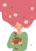 uma jovem de cabelo rosa abraça um vaso de flores de trevo. vetor