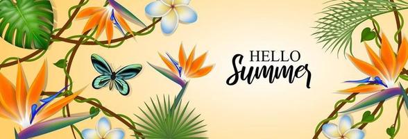 banner de verão com flores e folhas exóticas vetor