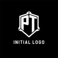 pt logotipo inicial com escudo forma Projeto estilo vetor