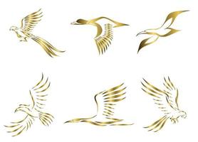 conjunto de seis imagens vetoriais de ouro de vários pássaros voando, como faisão gaivota pato-real guindaste calau e arara, bom uso para símbolo mascote ícone avatar e logotipo vetor