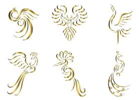 conjunto de seis imagens vetoriais de arte em linha de ouro de vários pássaros bonitos, como faisão, guindaste pavão, fênix e águia vetor