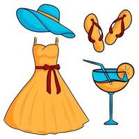 conjunto de elementos de verão chapéu vestido ardósia flip-flops coquetel estilo desenho animado ilustração vetorial vetor