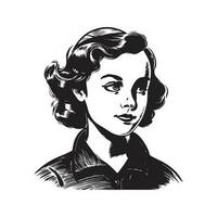 jovem garota, vintage logotipo linha arte conceito Preto e branco cor, mão desenhado ilustração vetor
