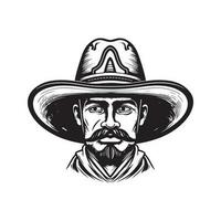 homem vestindo sombrero chapéu, vintage logotipo linha arte conceito Preto e branco cor, mão desenhado ilustração vetor