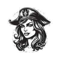 fêmea pirata, vintage logotipo linha arte conceito Preto e branco cor, mão desenhado ilustração vetor