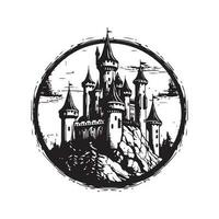 medieval castelo, vintage logotipo linha arte conceito Preto e branco cor, mão desenhado ilustração vetor