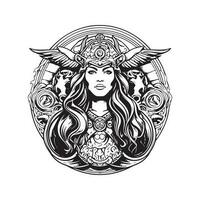 fêmea deusa, vintage logotipo linha arte conceito Preto e branco cor, mão desenhado ilustração vetor