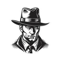 bandido vestindo fedora chapéu, vintage logotipo linha arte conceito Preto e branco cor, mão desenhado ilustração vetor
