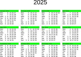 ano 2025 calendário dentro Inglês vetor