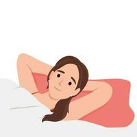 feliz jovem mulher deitado dentro cama dormindo. sorridente menina relaxar dentro quarto sonhando ou cochilando. relaxamento e conforto vetor