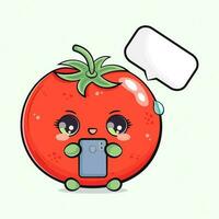 tomate com uma Smartphone dentro mão. vetor mão desenhado desenho animado kawaii personagem ilustração ícone. isolado em branco fundo. tomate personagem conceito