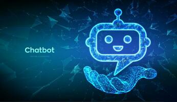 chatbot. baixo poli abstrato robô bate-papo cabeça ícone dentro mão. discurso bolha mensagem símbolo. diálogo nuvem. chatbot assistente inscrição placa. ai conceito. 3d poligonal vetor ilustração.