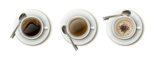 3d realista vetor conjunto do branco café copos para cafeteria e restaurante beber cardápio, americano, capuccino, Preto café.