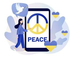 Ucrânia Paz símbolos em Smartphone tela. bandeira do Ucrânia. pomba do paz. ficar de pé com Ucrânia. Pare guerra. não guerra. moderno plano desenho animado estilo. vetor ilustração em branco fundo