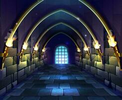 vetor desenho animado estilo ilustração. velho medieval castelo masmorra corredor com chama luz tochas e assustador enjaulado porta.