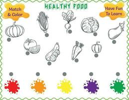 saudável comida, Ciência, educacional imprimível, planilha, Combine e cor legumes abóbora, tomate, repolho, beringela, rabanete, cenoura, pimenta, milho, cores vermelho, laranja, amarelo, roxo, e verde vetor