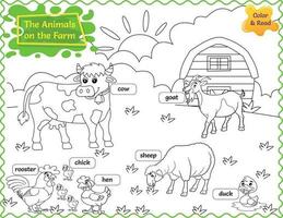a animais em a Fazenda educacional imprimível planilha para crianças cor a animais e ler vetor