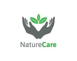 natureza Cuidado logotipo com folha e mão ilustração vetor