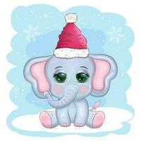 fofa desenho animado elefante, infantil personagem com lindo olhos vestindo santa chapéu, lenço, segurando presente, Natal bola vetor