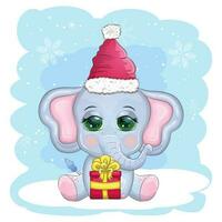 fofa desenho animado elefante, infantil personagem com lindo olhos vestindo santa chapéu, lenço, segurando presente, Natal bola vetor