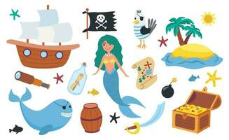 conjunto do piratas. bandeira, gaivota, enviar, peito, ilha, sereia, cano. vetor ilustração