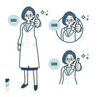 uma mulher médico dentro uma laboratório casaco com polegares acima imagens. vetor