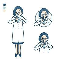 uma mulher médico dentro uma laboratório casaco com estar quieto mão placa imagens. vetor