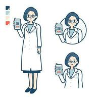 uma mulher médico dentro uma laboratório casaco com sem dinheiro Forma de pagamento em Smartphone imagens vetor