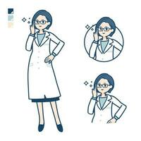 uma mulher médico dentro uma laboratório casaco com vestindo óculos imagens vetor