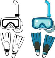 snorkeling e mergulho engrenagem barbatana e mascarar Preto e branco linha desenhando e colori vetor ilustração