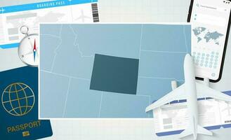 viagem para Wyoming, ilustração com uma mapa do wyoming. fundo com avião, célula telefone, Passaporte, bússola e bilhetes. vetor