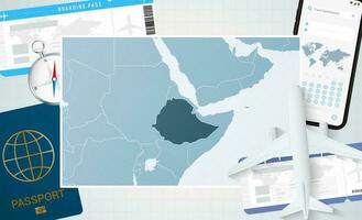 viagem para Etiópia, ilustração com uma mapa do Etiópia. fundo com avião, célula telefone, Passaporte, bússola e bilhetes. vetor