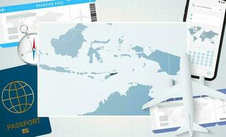 viagem para leste timor, ilustração com uma mapa do leste timor. fundo com avião, célula telefone, Passaporte, bússola e bilhetes. vetor